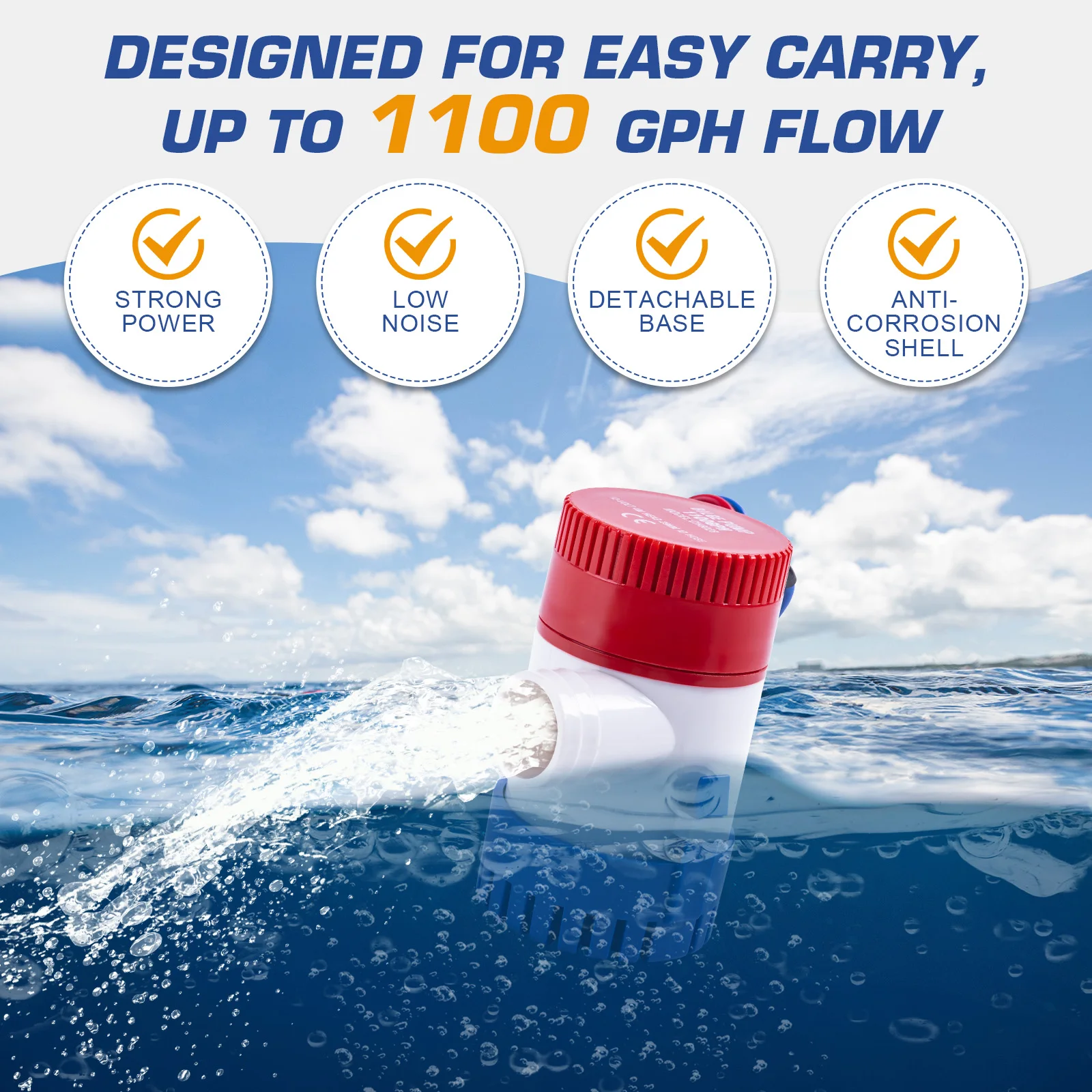 Bomba de sentina Goture 1100GPH, bomba de agua de sentina eléctrica de 12V para barco, Kit de plomería de bomba de sentina marina de poco ruido de 1-1/8 pulgadas con drenaje - imagen 3