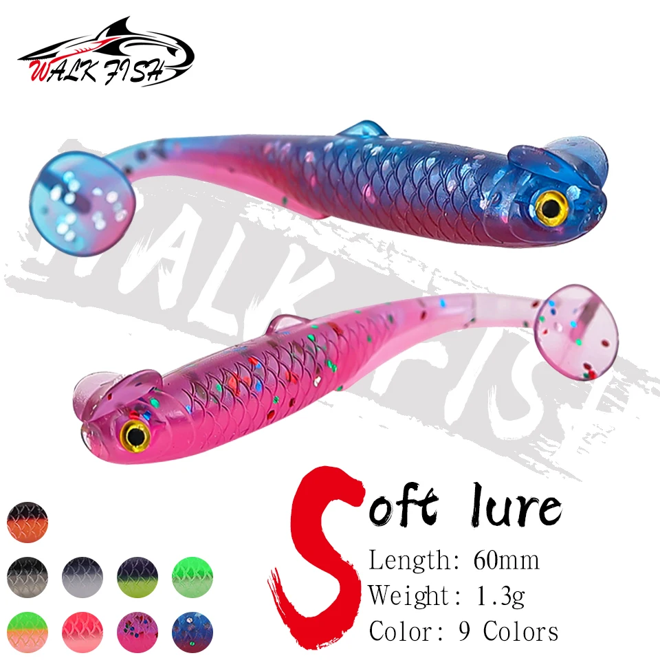 WALK FISH-señuelo suave con cola de gallo, 5 uds./10 Uds., 6cm/1,3g, realista con ojos 3D, cebo biónico de PVC para lubina, trucha, acción multig