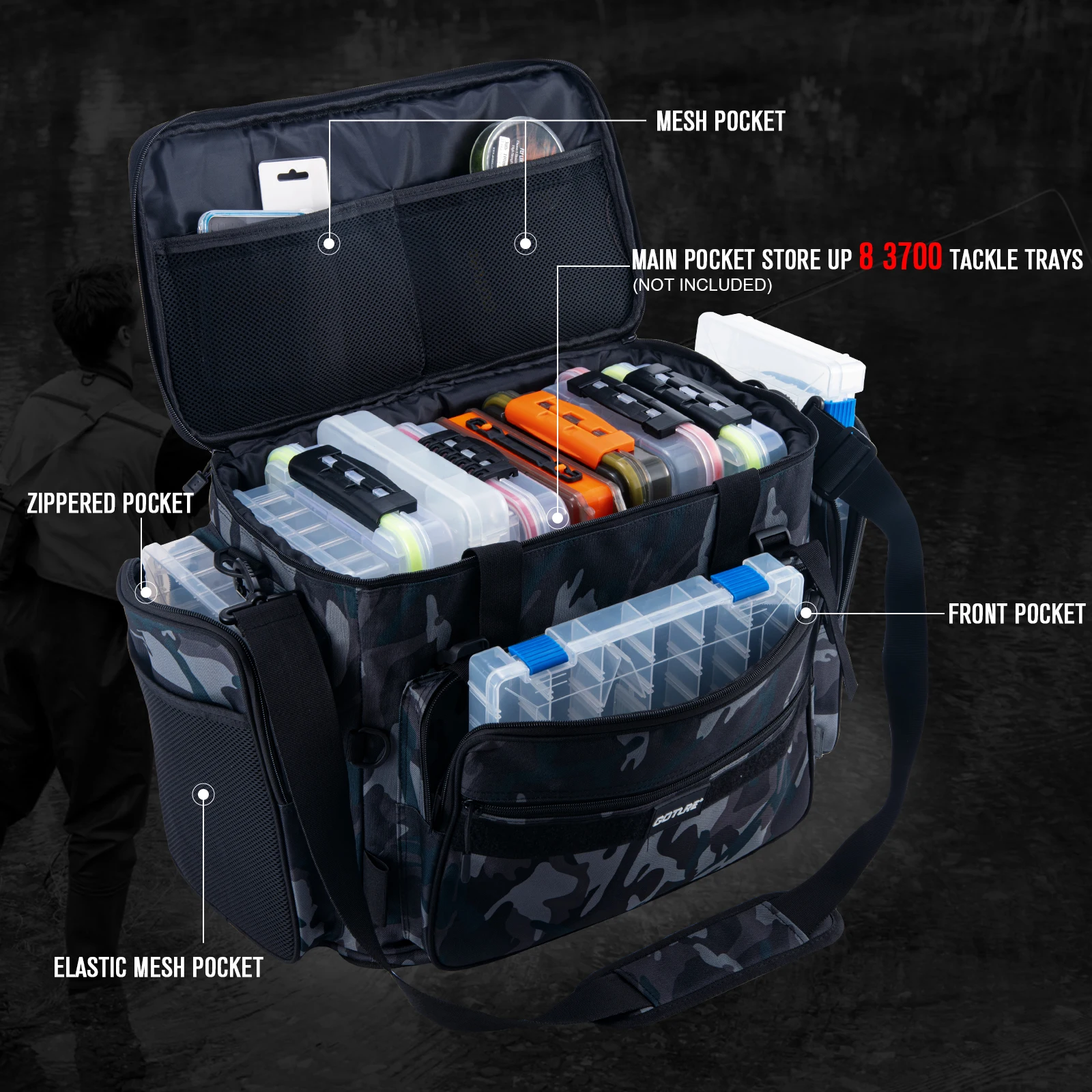 Goture 45*25*38cm bolsa de pesca al aire libre 600D tela Oxford impermeable de gran capacidad multifuncional señuelo paquete de aparejos de pesca - imagen 3