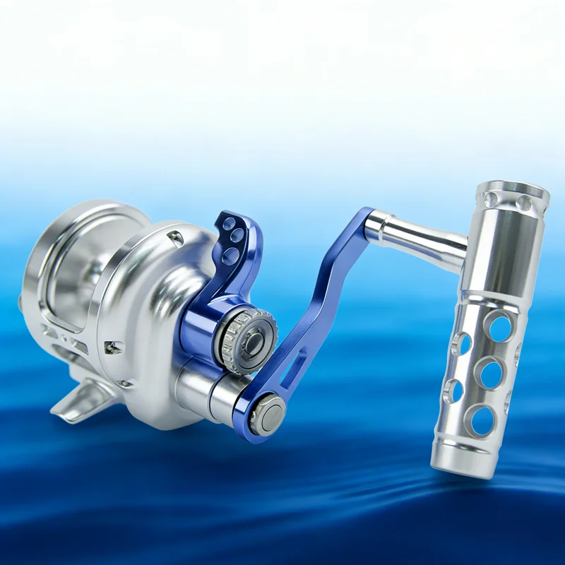 Carrete de Pesca Lenta 2000-5000 Azul Plateado Resistente a la Corrosión Diseño de Doble Manivela Relación de Engranajes 4.9:1 Carrete de Pesca de Agua Salada