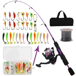 Combo pesca en hielo caña fibra carbono carrete giratorio