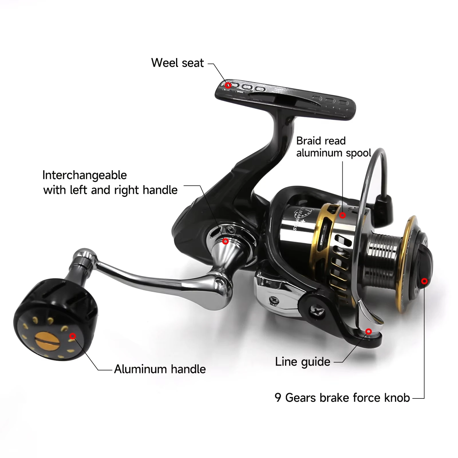 Carrete de pesca giratorio de aluminio SANLIKE 5,2: 1 relación de engranaje 7 + 1BB ligero 40,5 libras resistencia máxima para herramientas de pesca de agua salada - imagen 3