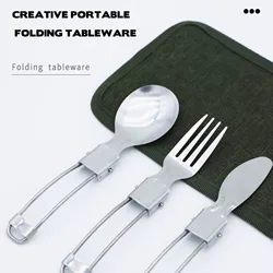 Juego de cubiertos para acampar, Kit de utensilios plegables de acero inoxidable para exteriores de 3 piezas para Picnic, vajilla reutilizable para acampar, tenedor deportivo, cuchara