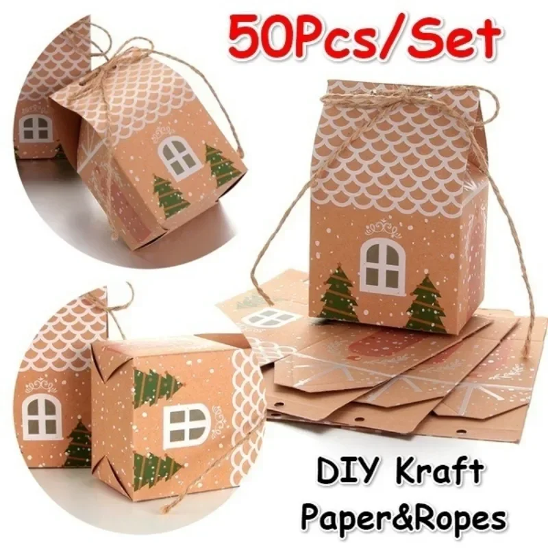 50 Uds. De decoración navideña para fiesta, bolsa para galletas con forma de casa, caja de dulces de Navidad, bolsas de regalo de papel Kraft, caja de dulces - imagen 2