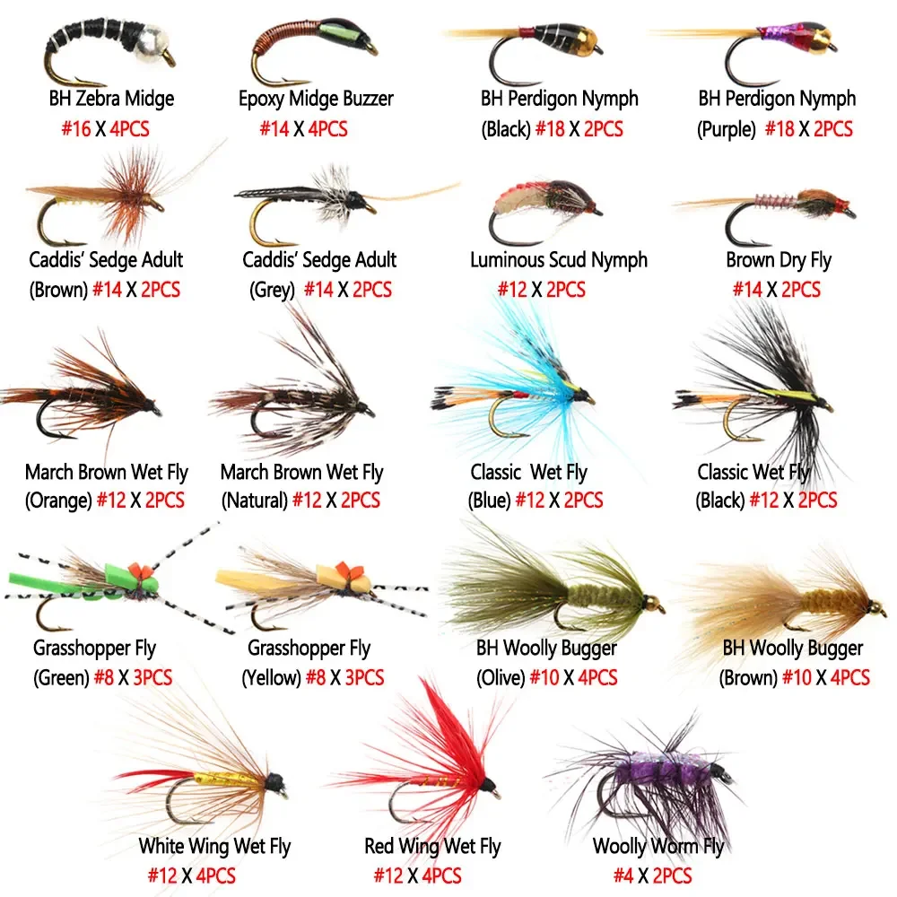 Bimoo 52 Uds Kit de moscas/caja de espuma saltamontes mosca seca mosca húmeda Caddis Sedge Lumo Scud ninfa Marzo marrón ninfa húmeda cebra midge trucha - imagen 3