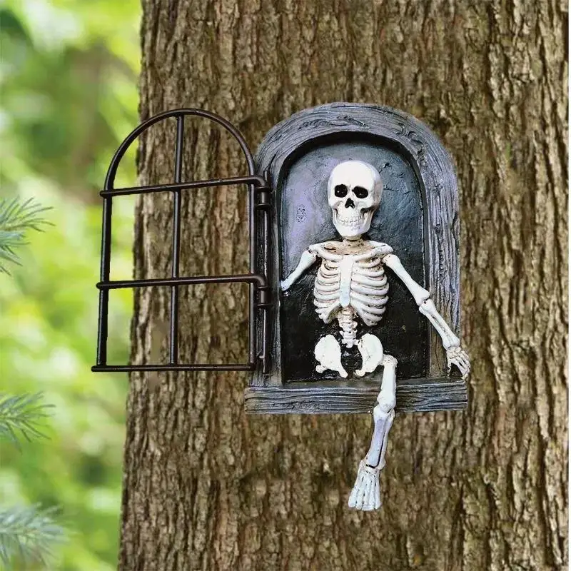 Decoración de jardín de Halloween, apertura de ventana, esqueleto de Terror, escultura para exteriores, colgador de resina, artesanías, accesorios de jardín de hadas para el hogar - imagen 2