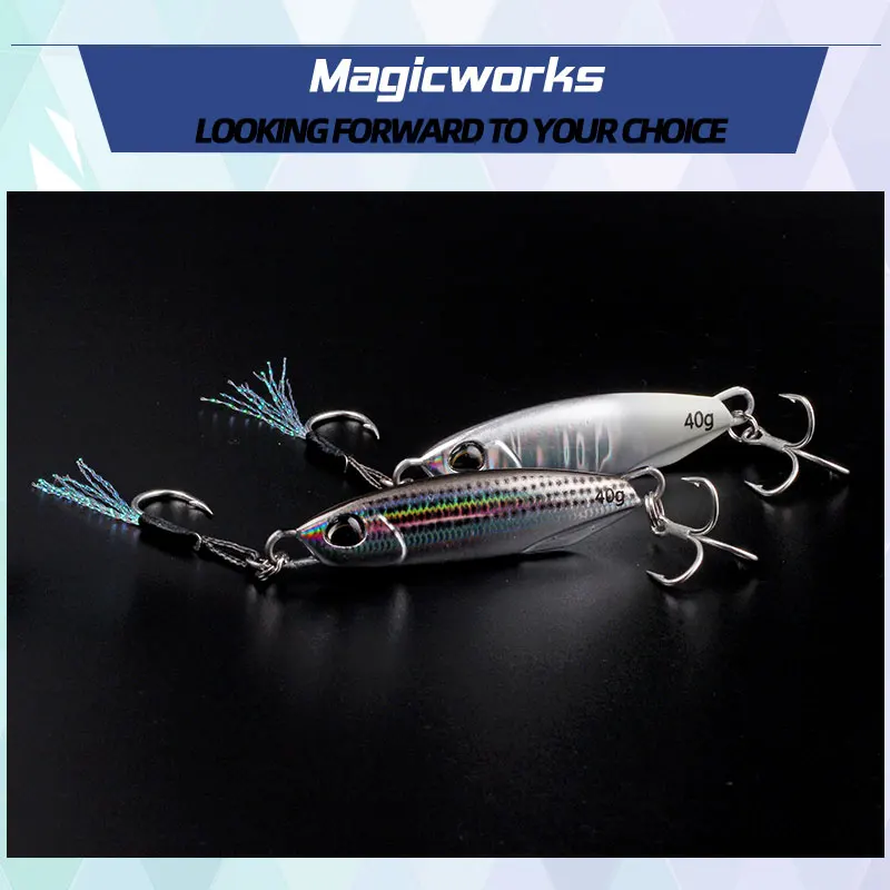 Magic Works-plantilla de Metal para pesca, 15g, 20g, 30g, 40g, 60g, cebo Artificial de mar, Señuelos de pesca de trucha, señuelo de Jigging lento, cebos de lubina negros - imagen 4