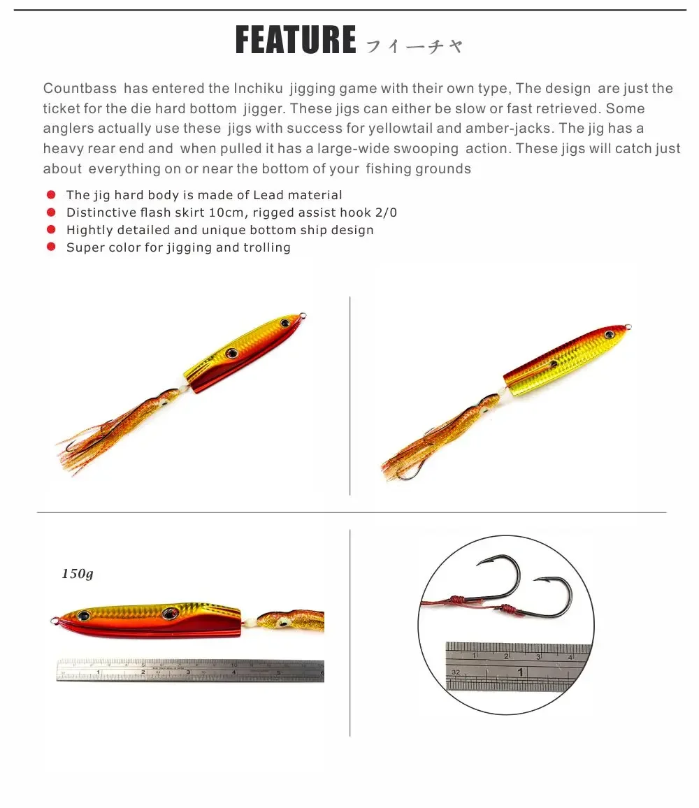 Countbass 120 g 4,3 oz plantillas inchiku de estilo japonés con gancho auxiliar de pulpo, jigging de calamar, plantilla de pargo