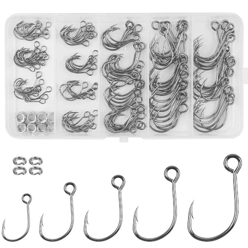 180pcs Inline Single Hooks Replacement Spinner lure Spoon Fishing Hooks Artificial Bait Large Eye Circle Hooks with Split Rings
