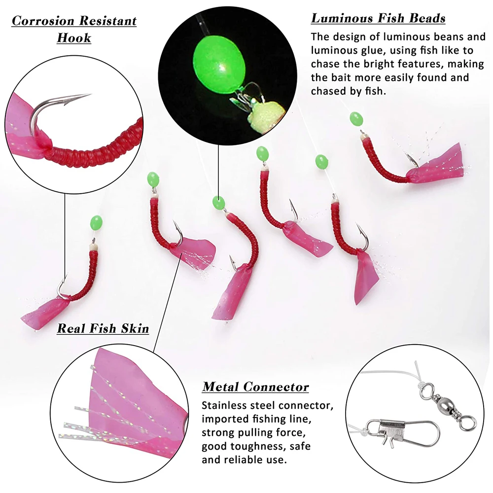 Aparejo de cebo vivo para pesca en el mar, anzuelo de cuerda con cuentas luminosas de piel roja para peces pequeños de caballa, aparejo de pesca en agua salada, 100/200 paquetes - imagen 5