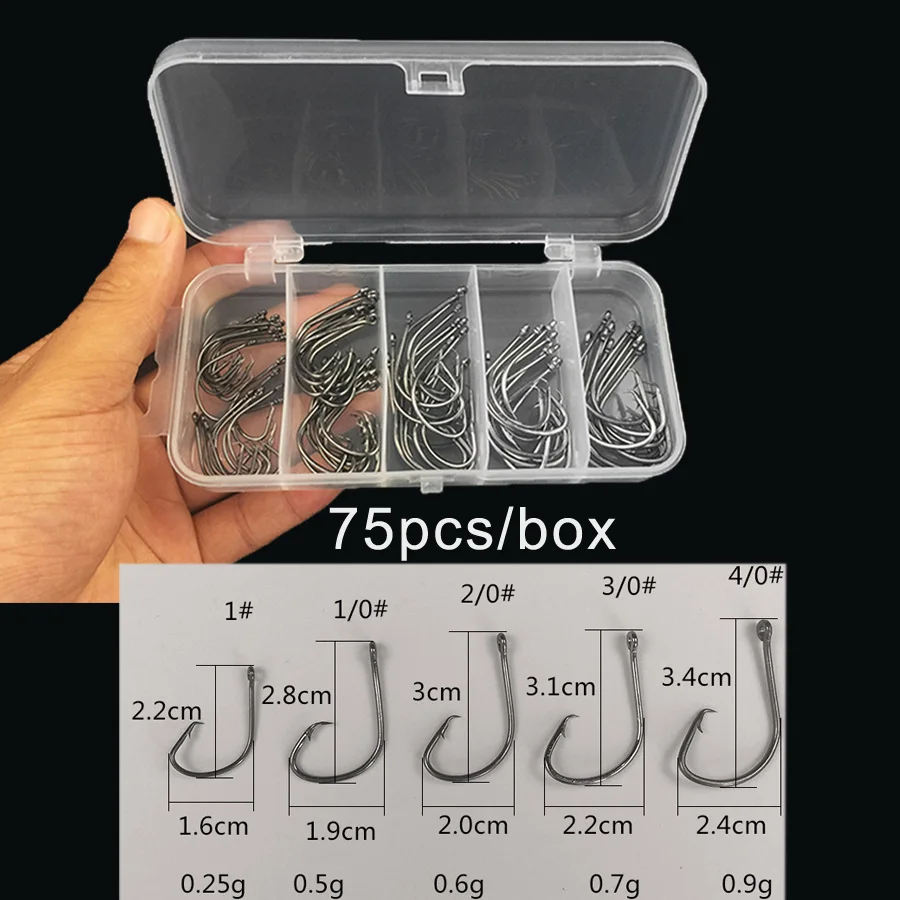 Anzuelos circulares anzuelos de pesca 75 piezas 1 #   1/0 #   2/0 #   3/0 #   4/0 #   Anzuelos de pesca de pulpo de acero rico en carbono, anzuelos de púas para trucha lubina - imagen 2