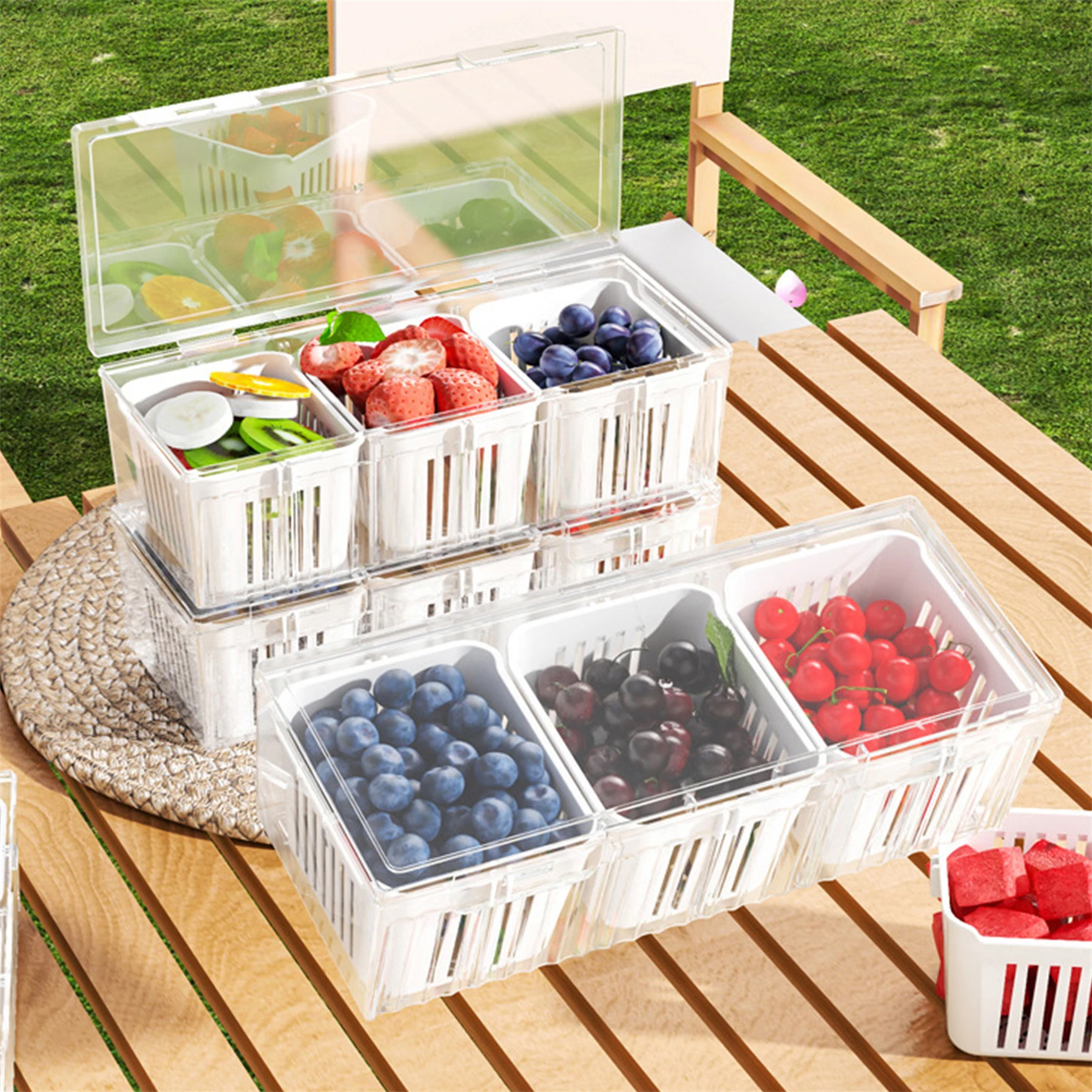Crisper para acampar con tapa, caja sellada de drenaje dividida portátil de gran capacidad para condimentos de frutas y verduras, herramientas para barbacoa y Picnic - imagen 2