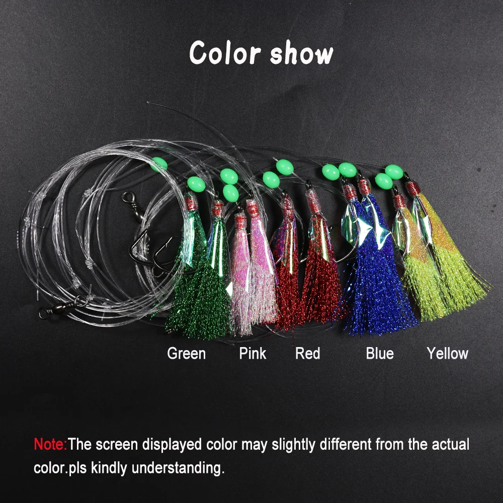 LIONRIVER-Señuelos de Pesca artificiales Sabiki para agua salada, Señuelos de Pesca con cuentas luminosas, aparejos de cebo de mar, anzuelos de pesca con oropel Flash - imagen 4