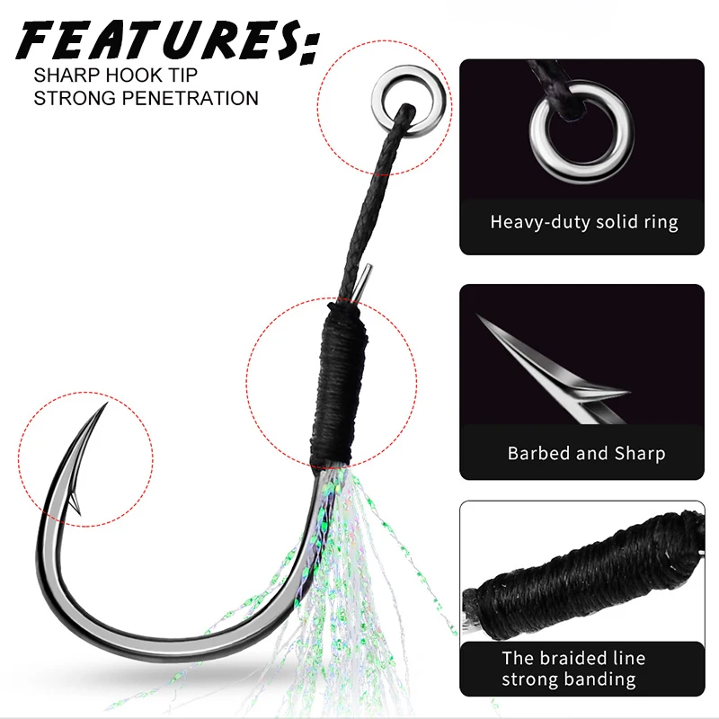 10 unids/bolsa anzuelos de plumas de pesca de mar anzuelo de Jigging anzuelos de ayuda de cola de plantilla de Metal anzuelos de pesca señuelo pesca de lubina 11-19 #   HOOKS - imagen 2