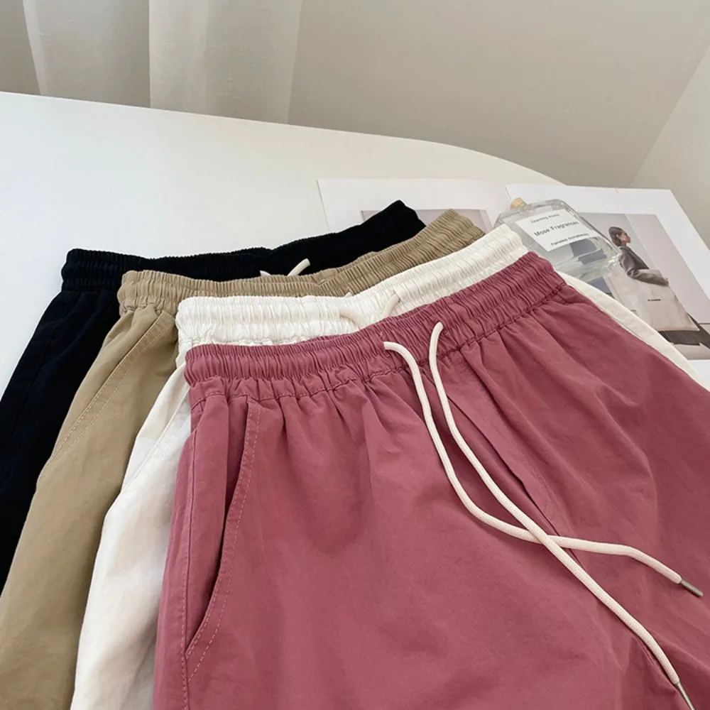Pantalones cortos sueltos de algodón que combinan con todo, pantalones cortos con cordones y bolsillo, pantalones cortos con cordón de cintura alta, pantalones cortos de pierna ancha de talla grande de Color sólido para mujer - imagen 5