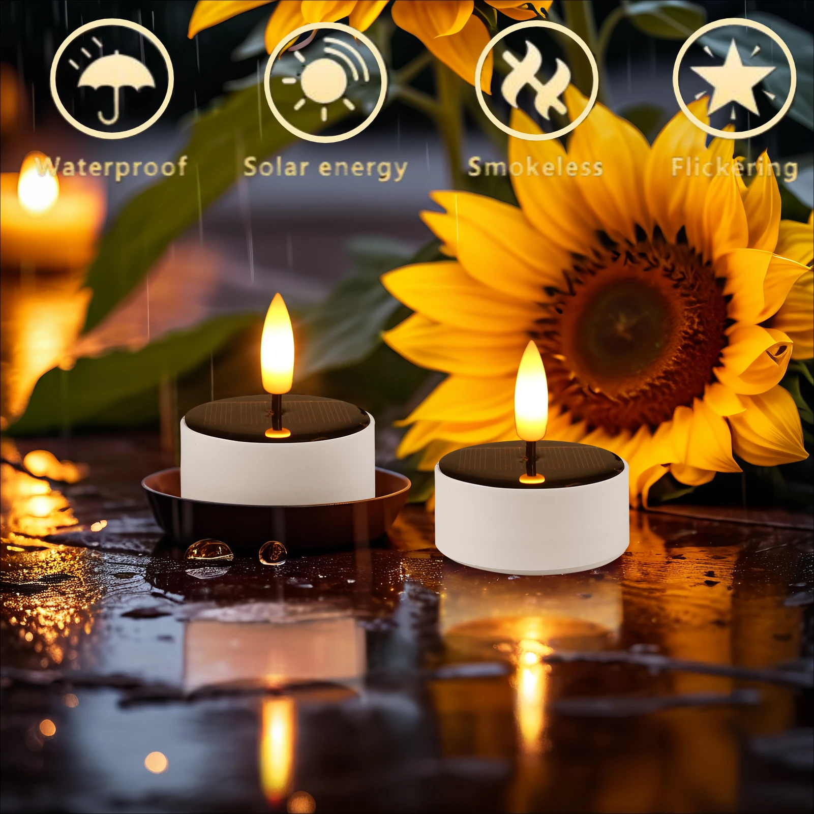 Luz de té Solar impermeable sin llama, vela electrónica LED parpadeante con temporizador de ciclo, iluminación de vela votiva para exteriores de atardecer al amanecer - imagen 3