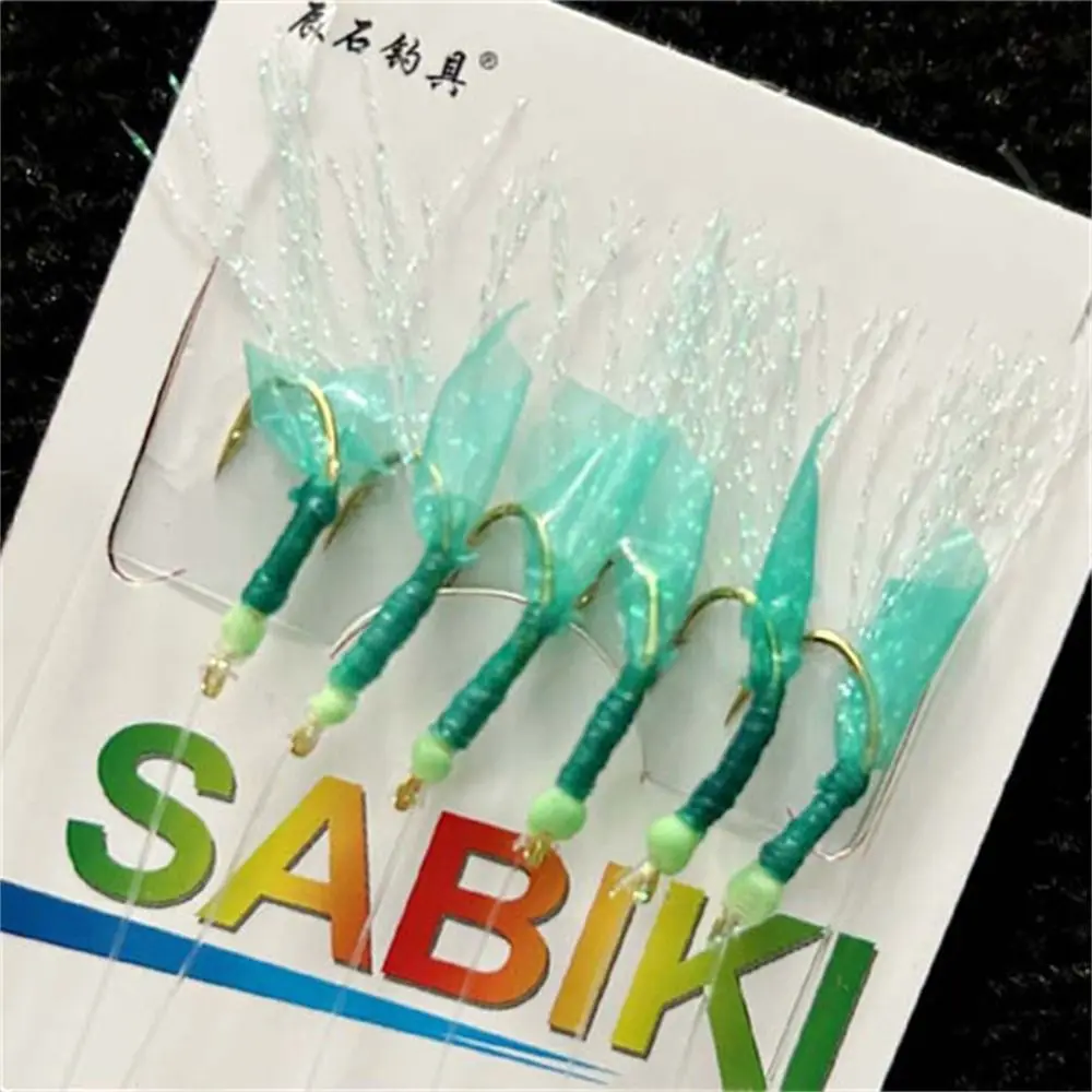 Aparejos Sabiki de goma verde, anzuelos dorados, señuelos de plumas, anzuelos de cuerda de pesca, anzuelos atados, acero al carbono, señuelo Sabiki para agua salada - imagen 4