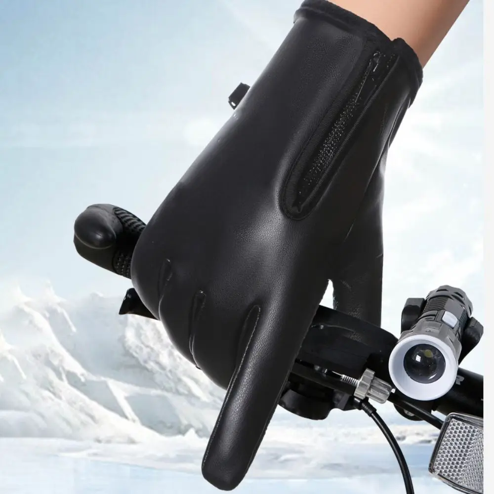 Guantes cálidos de cuero PU para hombre, guantes de invierno con cremallera, guantes de pesca, antideslizantes, resistentes al desgaste, guantes deportivos para pantalla táctil - imagen 5