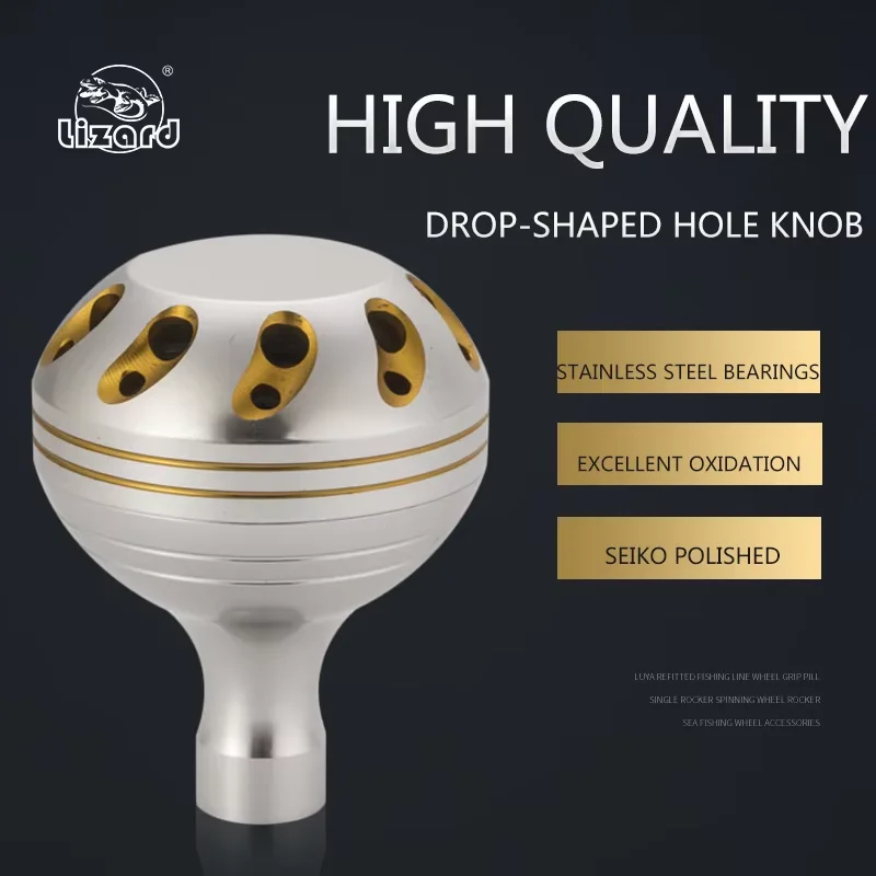 Perilla de mango de carrete de pesca redonda plateada de lagarto, Material de aleación para carrete giratorio, todos los tamaños, alta calidad