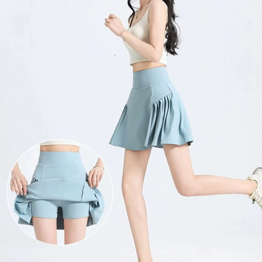 Falda plisada transpirable de cintura alta, Falda corta de tenis antideslumbrante falsa de dos piezas, ropa de Fitness de Color sólido, pantalones deportivos, falda - imagen 2