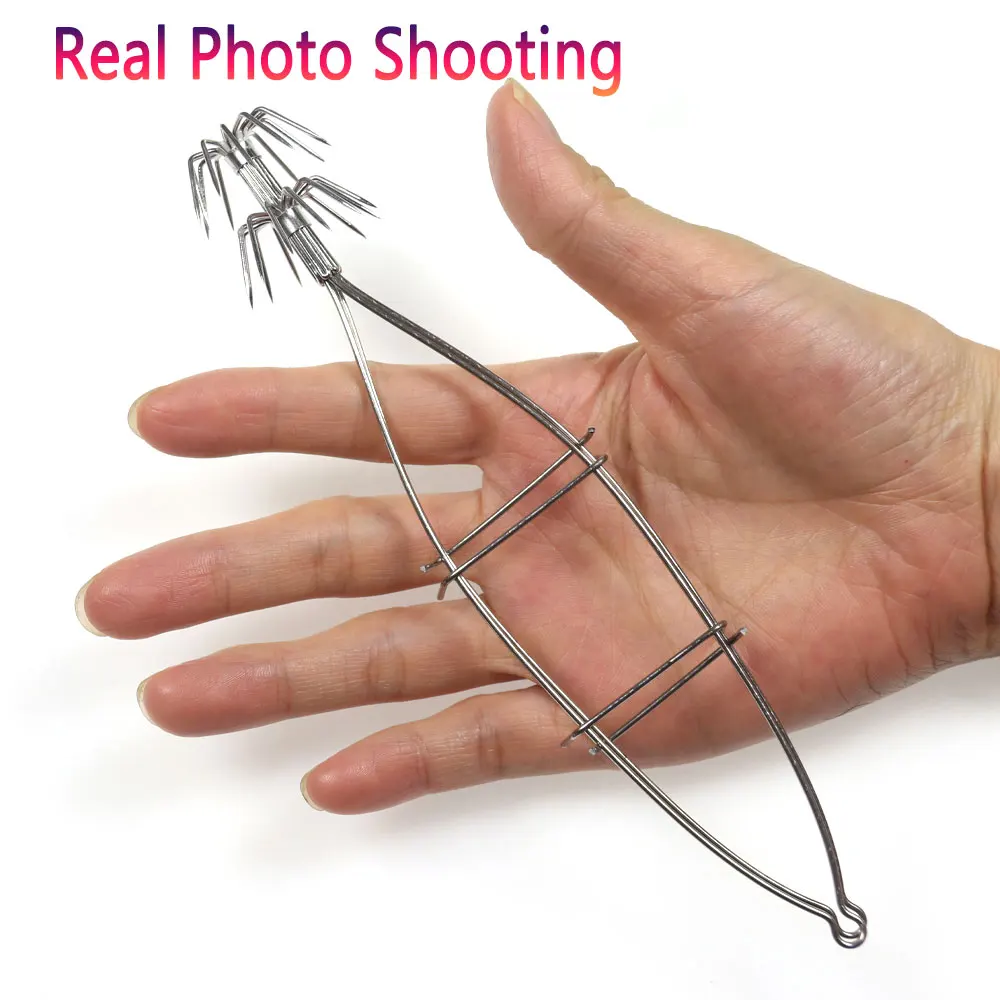 Bimoo, 1 unidad, 17cm, calamar, pulpo, pesca de acero inoxidable, doble corona, jaula de cebo, aparejo luminoso, doble paraguas, anzuelo, aparejos de pesca - imagen 5