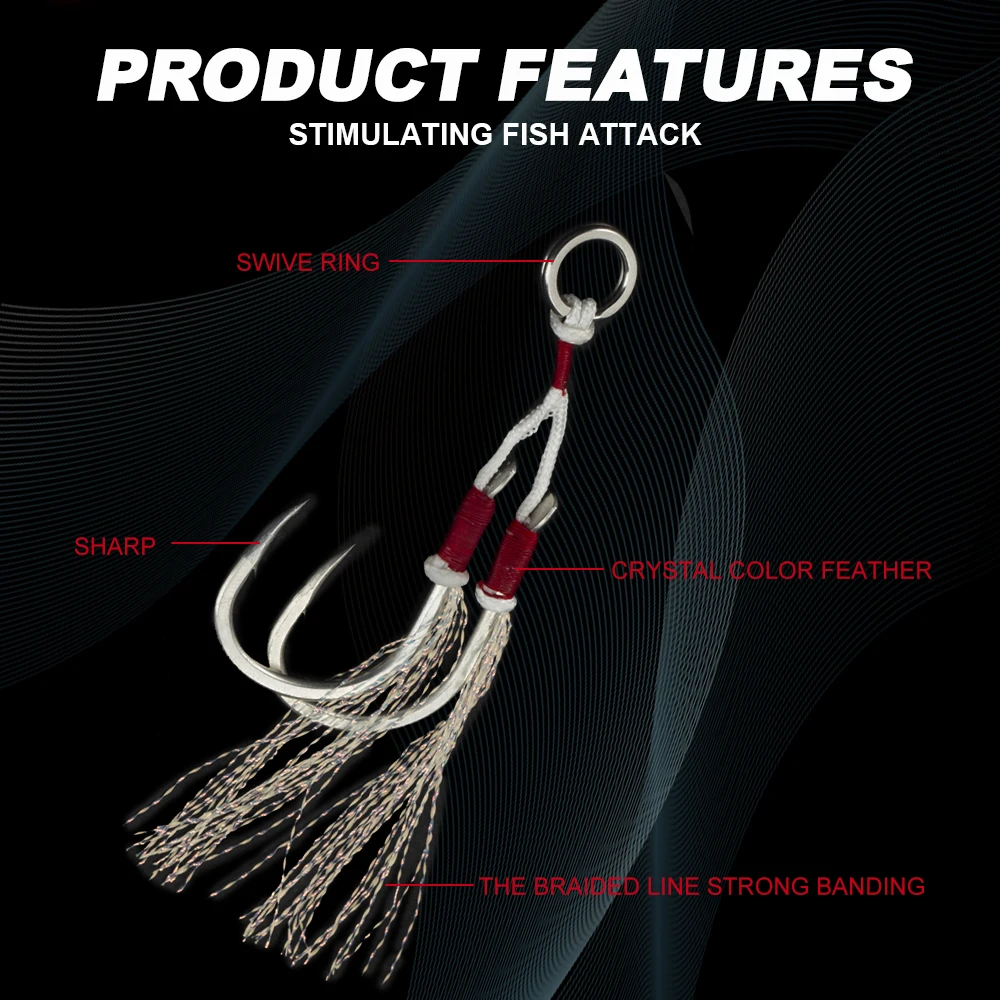 Hunthouse-anzuelos de Jigging lento, 7/0, 9/0, 11/0, gancho de asistencia con púas, doble gancho con cuerda, aparejos de pesca con mosca en el mar - imagen 4