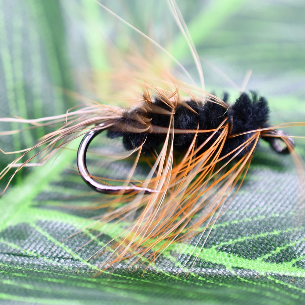 MNFT 10PCS 6 #    Cuerpo negro gusano lanoso marrón Caddis Ninfa mosca ciervo pelo escarabajo trucha cebo de pesca con mosca - imagen 3