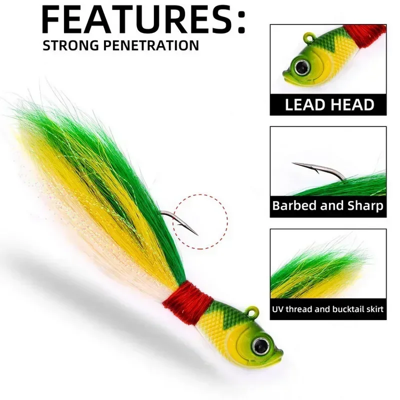5pcs Bucktail Jigs Head Hook 3D Eyes Bait 7g 14g 28g 56g Deer Hair Feather Hook Beard Jigging Lure Fishing - imagen 3