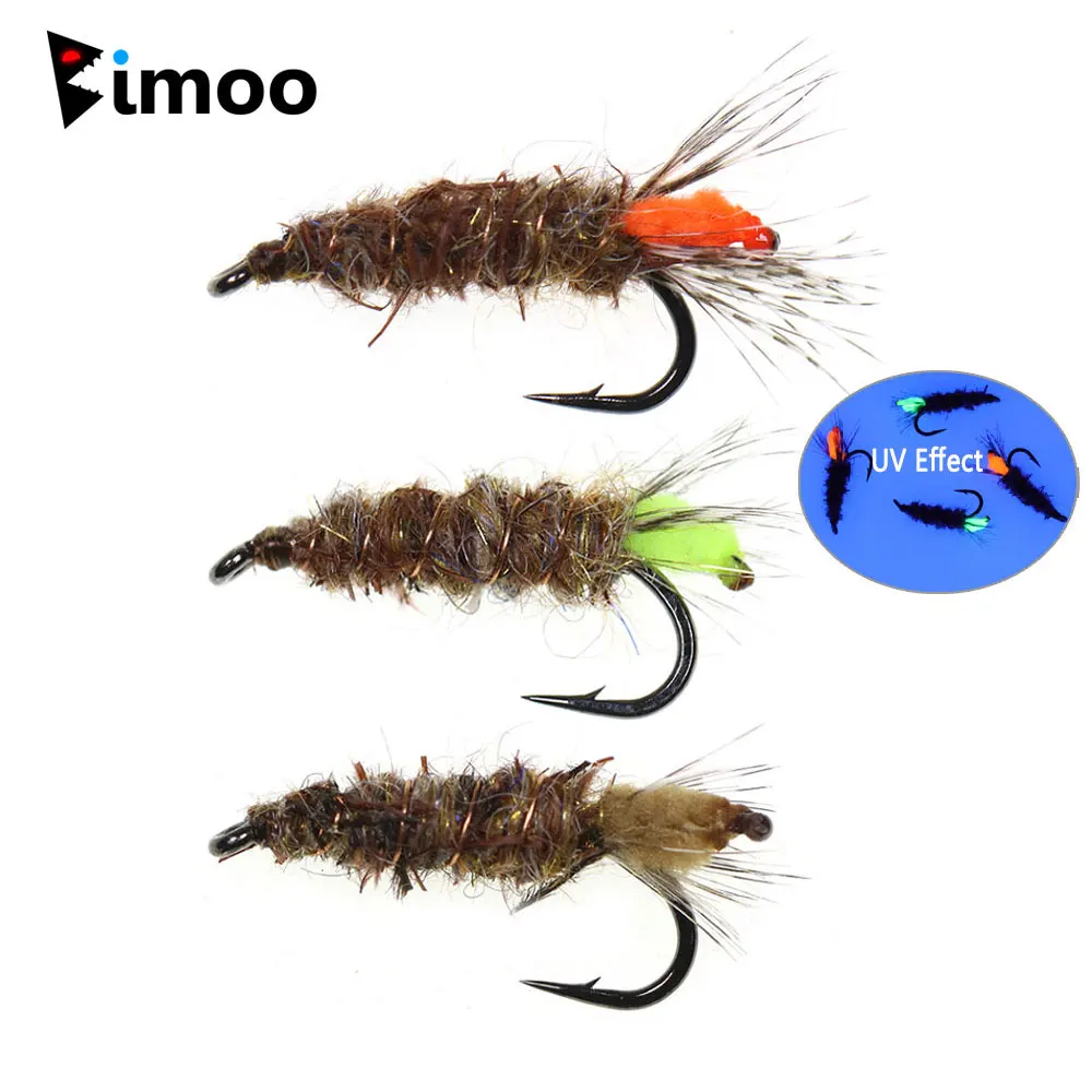 Bimoo 9 piezas # 12 púas Peeping Caddisfly Ninfa oreja de liebre doblado suave Grizzly Hackle mosca húmeda trucha salmón Grayling Señuelos de pesca