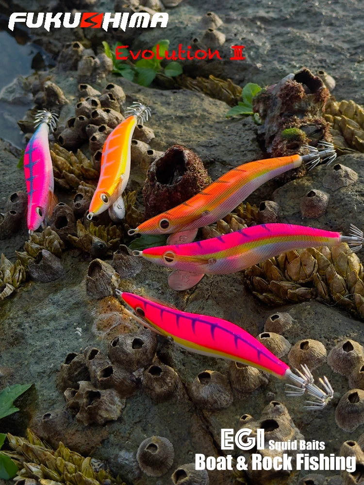 FUKUSHIMAZEECK 3,5 calamar JIG EVOLUTION EGI señuelo pesca tiro largo madera SHRIMP ojos BAIT y cola brillante ganchos 21 gramos EBI-SOUND - imagen 3