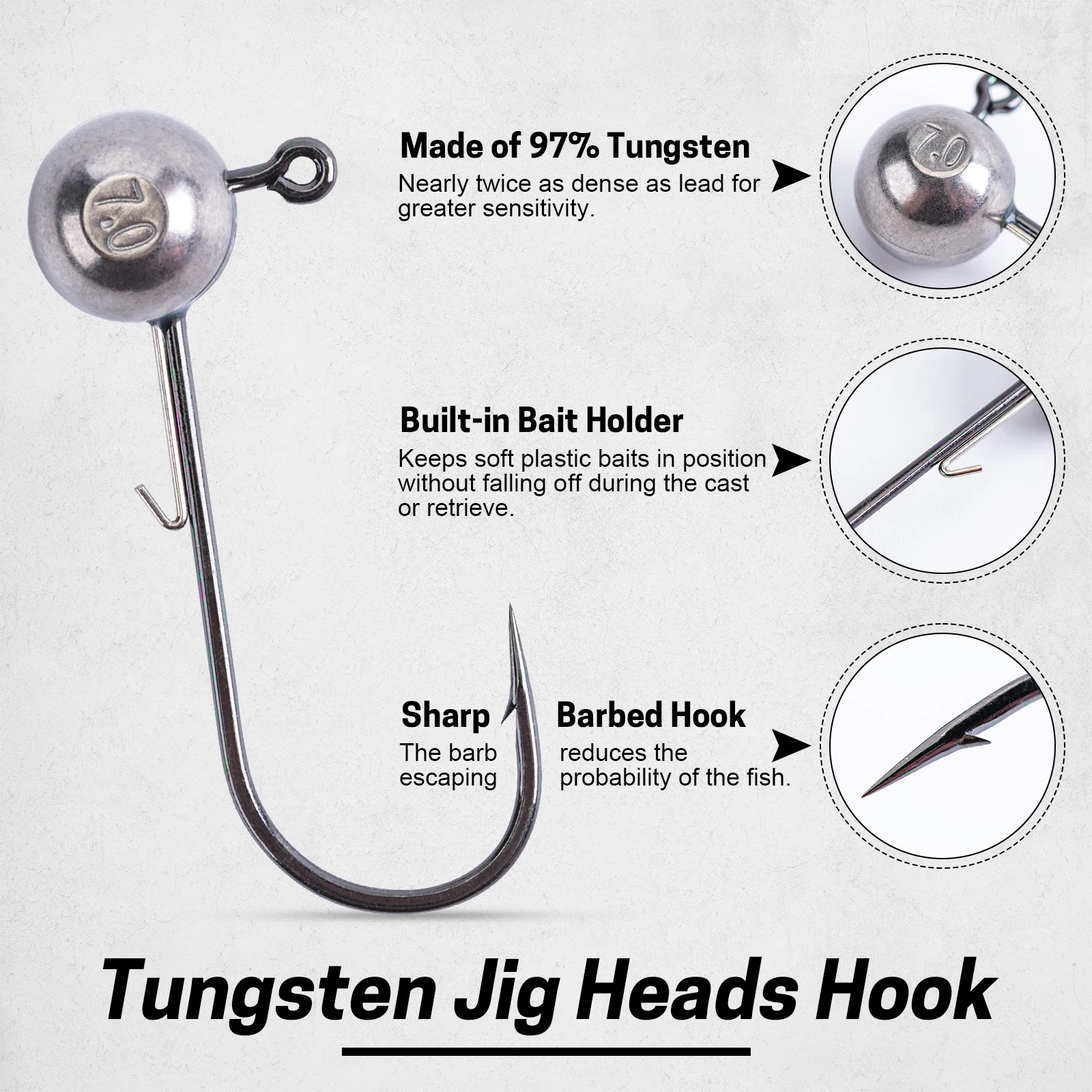 Anzuelo de cabeza plomada de tungsteno de 3/4/5 piezas, 1,8g/2,7g/3,5g/5,3g/7g, cabeza plomada de bola redonda, anzuelos de tungsteno, señuelo de gusano suave, accesorios de pesca - imagen 3