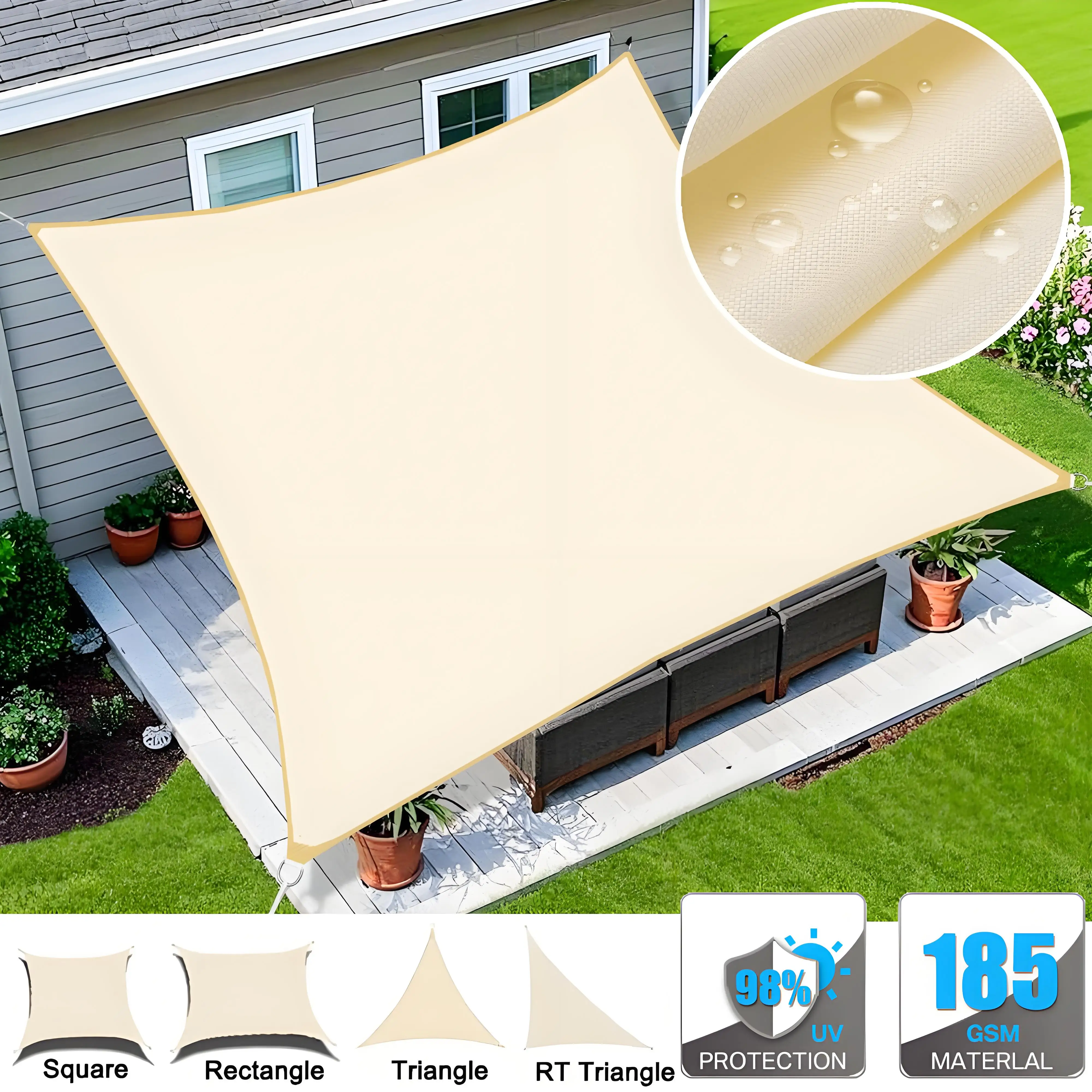 Vela de sombra de sol Beige, vela impermeable para jardín al aire libre, dosel para Patio, fiesta, toldo de protección solar, tela de sombra de bloque UV 98% con cuerda gratis