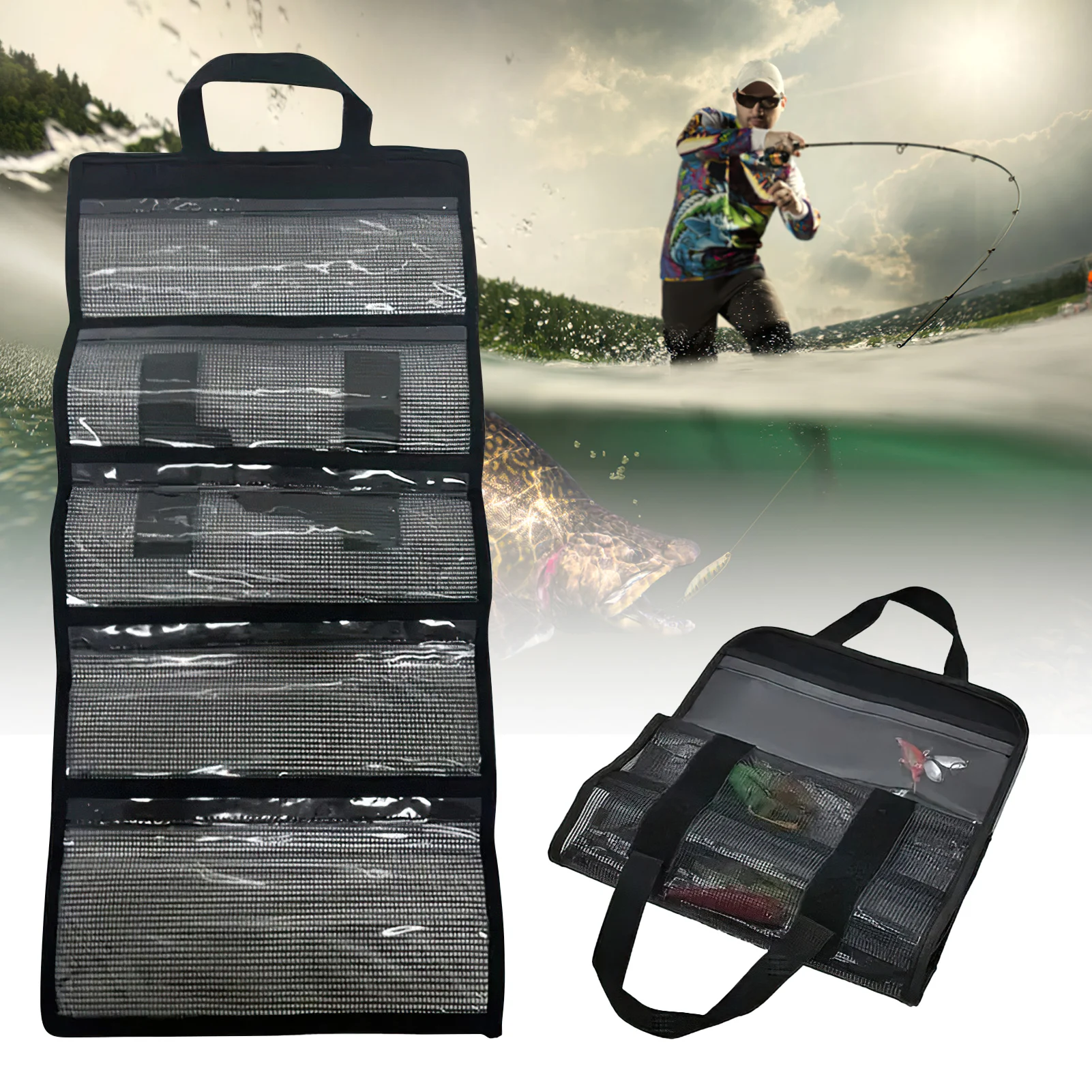 Bolsa de almacenamiento de Señuelos de Pesca con 5 rejillas, bolsa organizadora portátil de gran capacidad para cebo falso, plantilla de calamar Egi, bolsa plegable para equipo de pesca - imagen 3