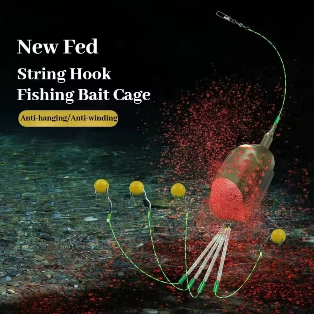 Jaula para cebo de pesca de aleación de aluminio, grupo de flotadores de cuatro anzuelos, juego de pesca con cuatro anzuelos, jaula para cebo, diseño antienredos, flotador de jaula para cebo - imagen 3
