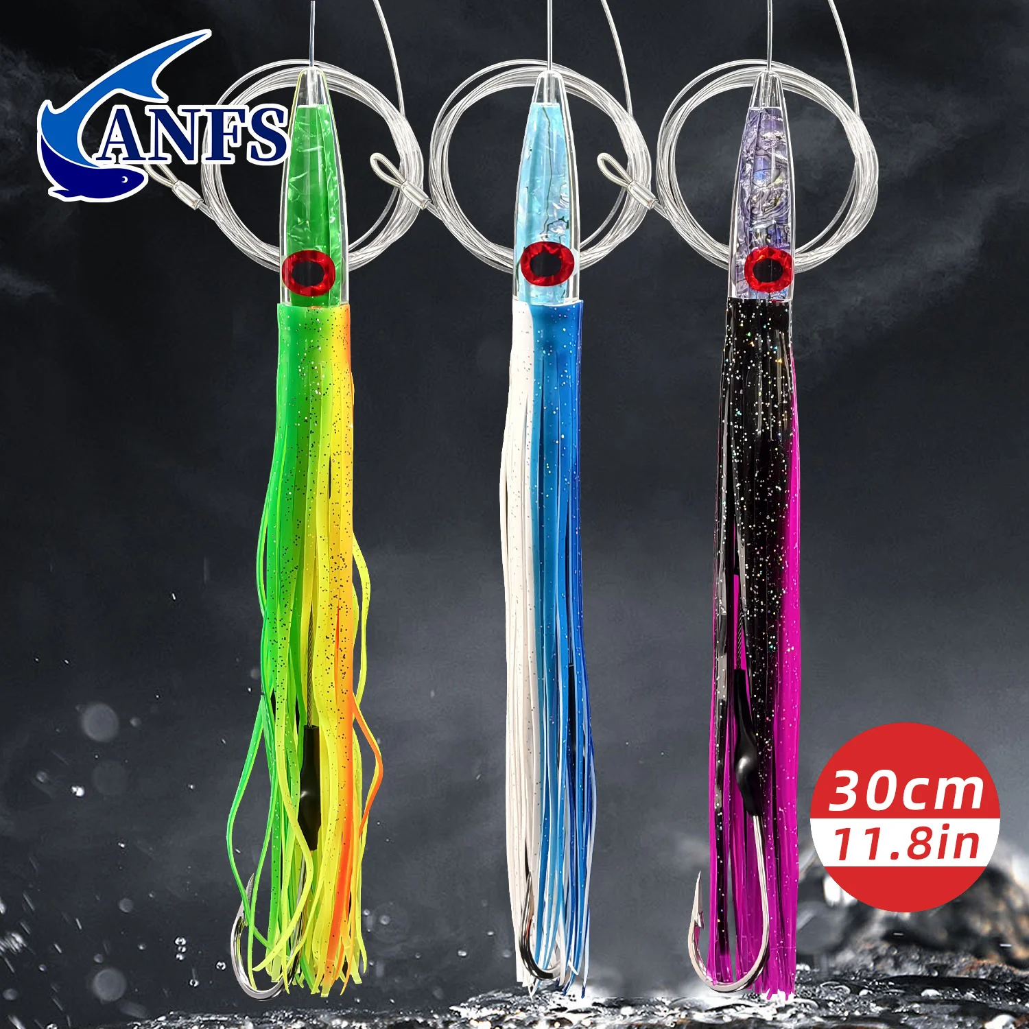 ANFS-señuelo de pesca curricán con cabeza de resina de 11,8 ", 1 señuelo de juego grande aparejado y listo para atún, Wahoo, pez espada y pez recortado - imagen 2