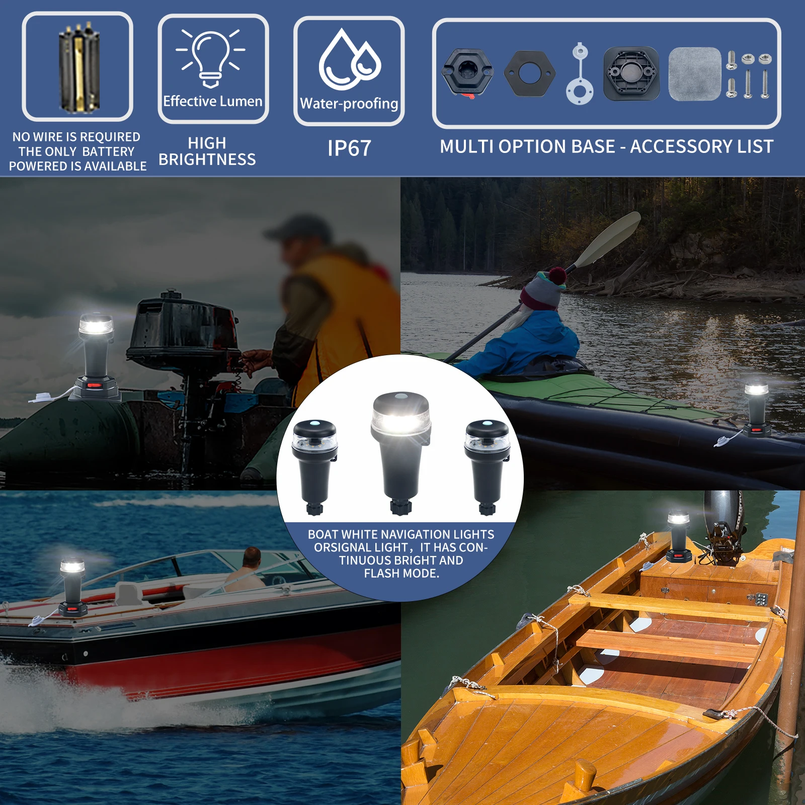 Luces navegación LED para kayak con base adhesiva y batería portátil - imagen 2