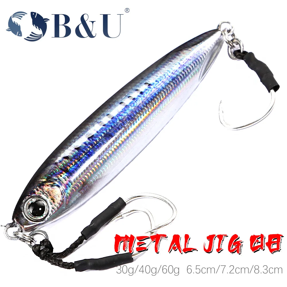 B & U Jig-señuelo de pesca con pesas, plantillas de pesca, señuelos de agua salada, plantilla de lubina de Metal, Isca, peces artificiales artificiales, purpurina holográfica