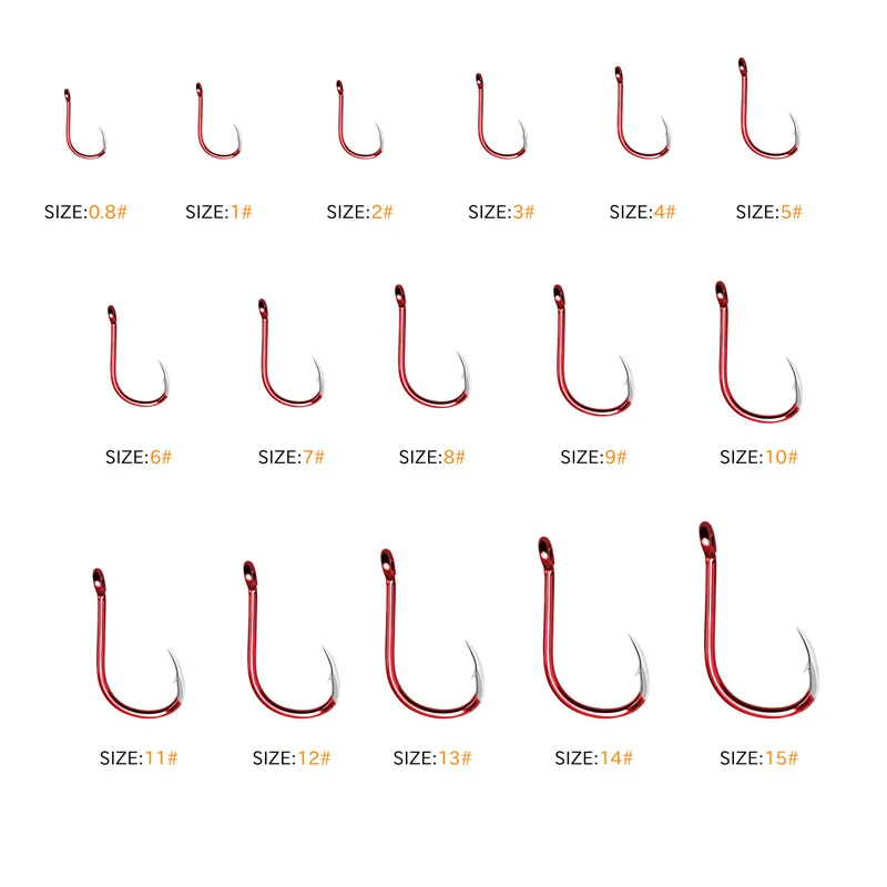 8-35 unids/bolsa anzuelos de pesca rojos 16 tamaños punta de anzuelo Triangular afilada anzuelo de mar con púas aparejos de anzuelos de pesca circulares - imagen 3