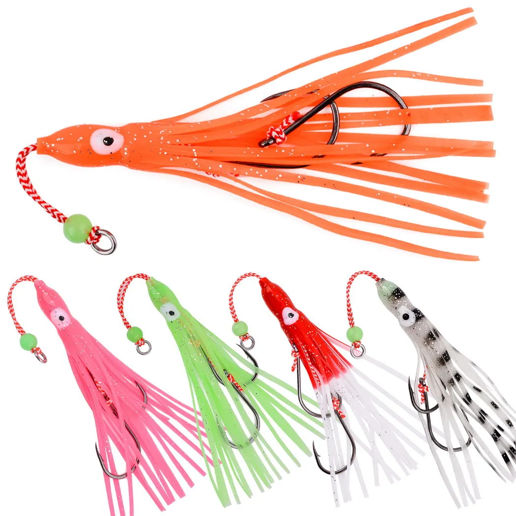 5 uds 17cm anzuelo de asistencia pulpo luminoso lento suave con falda señuelo de agua salada doble gancho Inchiku anzuelos accesorios de cebo