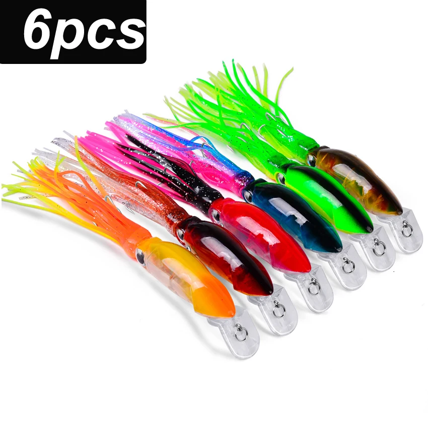 6 unids/lote Señuelos de Pesca plantillas de pulpo de calamar con falda anzuelo de cebo de lubina aparejos de plantilla Crankbait