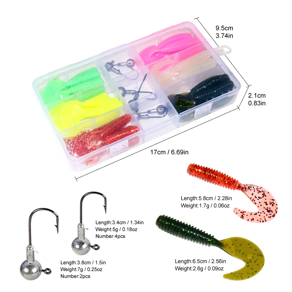 Nuevo Kit de Señuelos de Pesca blandos de 36 Uds., juego de señuelos de silicona, cebo Artificial, gusano con manivela, anzuelo con cabeza de plantilla, accesorios para aparejos de pesca - imagen 3