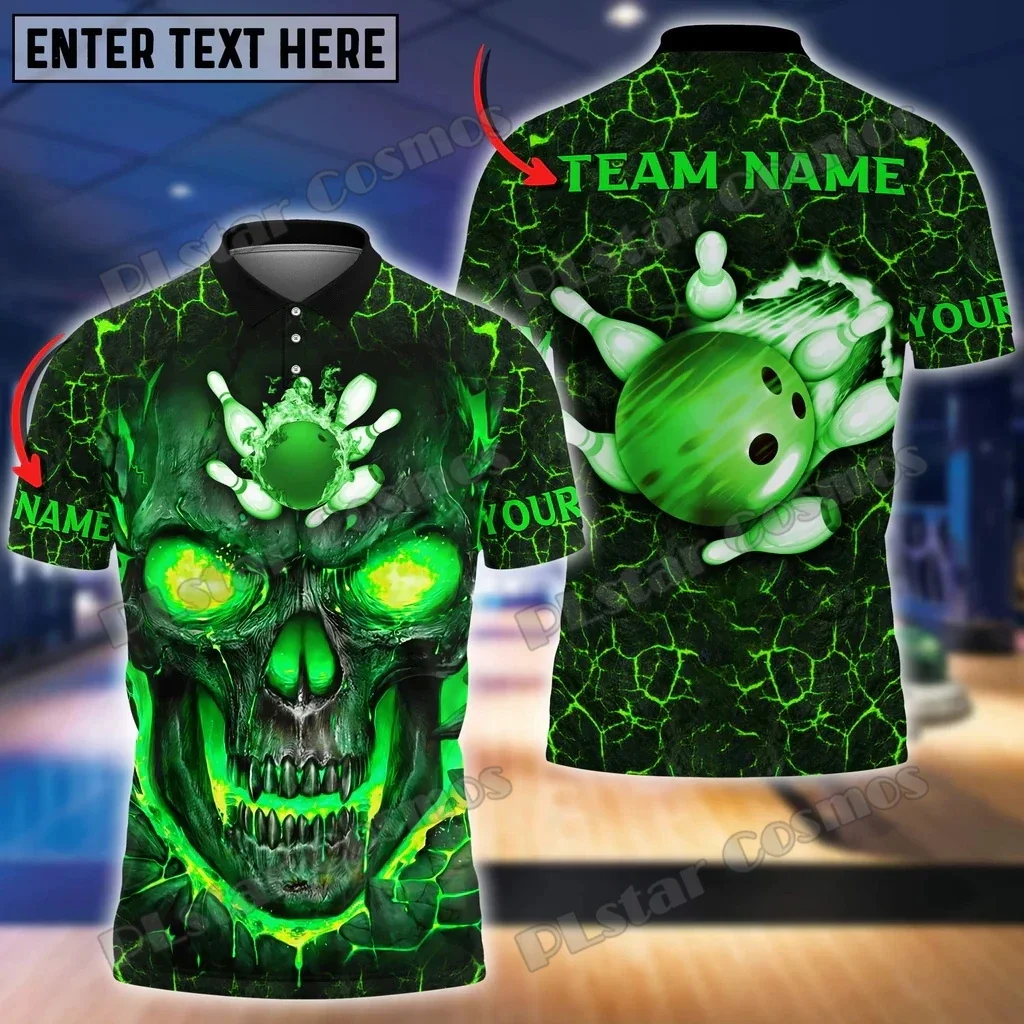 Polos para hombre con estampado 3D de nombre personalizado Multicolor con diseño de calavera y llama de bolos, Polo Premium Unisex informal de verano PLP72 - imagen 3