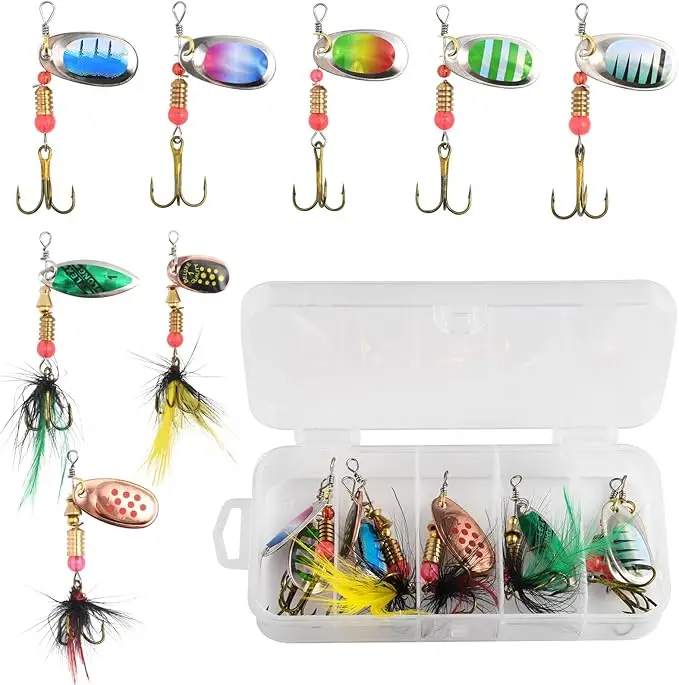 Goture-Juego de señuelos giratorios de Metal, 8 Uds., cebos duros, cuchillas ultrarreflectantes, caja de aparejos de ojos 3D, agua dulce y salada para lubina/trucha - imagen 2