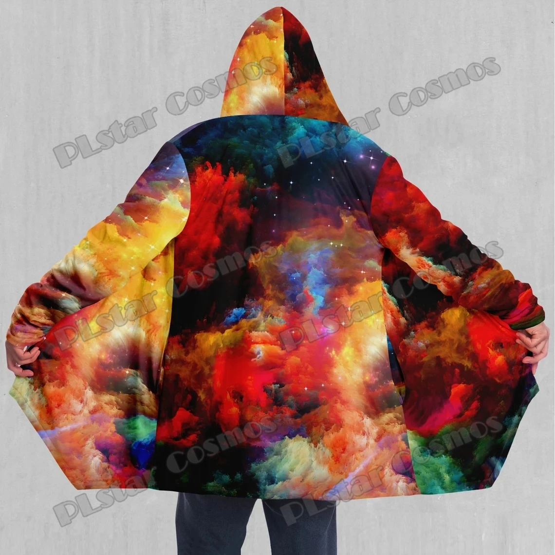 Capa con capucha y forro de Sherpa para hombre, estampado 3D del espacio exterior de galaxia arcoíris, moda de invierno, Unisex, informal, grueso y cálido, DP82 - imagen 2