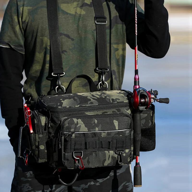 Aparejos de pesca con soportes para caña, bolsa de pecho para exteriores, gran capacidad, senderismo, escalada, bolsa de almacenamiento, organizador de señuelos de peces, mochila de almacenamiento