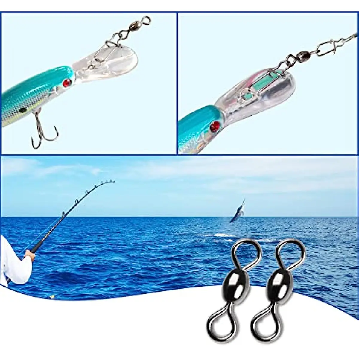 Aparejos de pesca giratorios de barril, 100 piezas, aparejos de pesca de Surf, Conector de pesca giratorio con aparejos de agua dulce de níquel negro - imagen 5