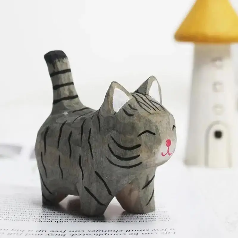 Cute Cat Shape Handmade Wood Carving Kitten Ornaments Small Animal Creative Desktop Wood Cat Decoration Crafts Ornament - imagen 4