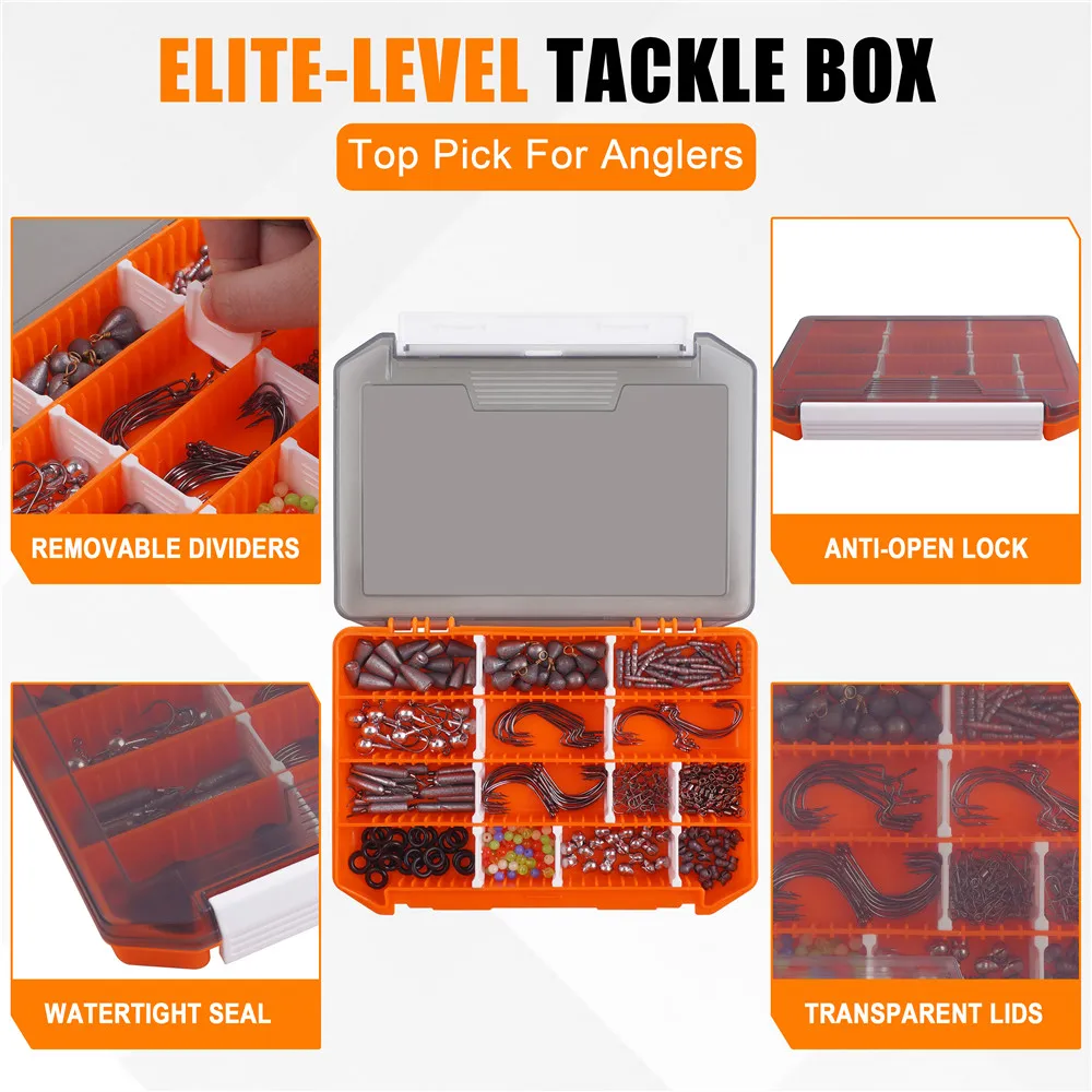 Kit de accesorios para equipo de pesca, caja de aparejos de pesca, anzuelos malvajes, cabeza de anzuelo giratoria, peso de tiro directo, 355 Uds. - imagen 5