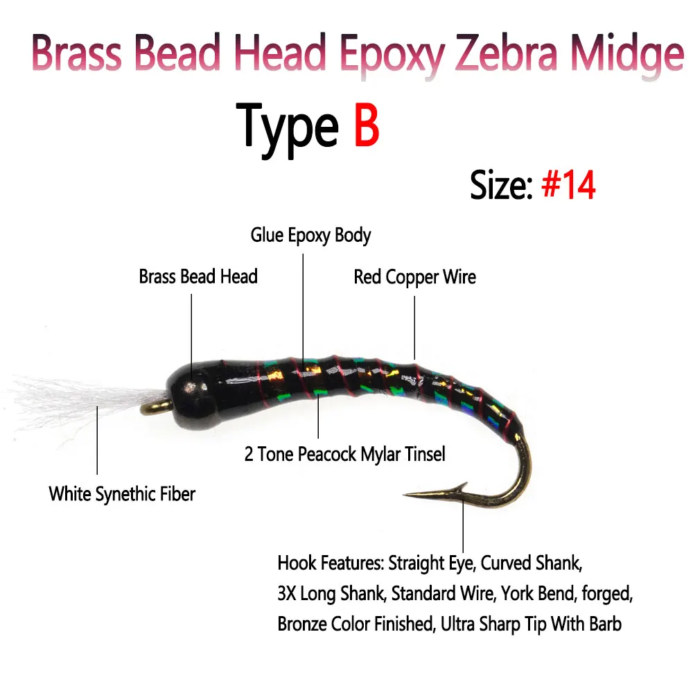 Bimoo 10 piezas # 14 cabeza de cuentas de latón epoxi cebra midge mosca anzuelo de púas alambre de cobre costilla Chironomid Pupa mosca trucha Señuelos de pesca cebos - imagen 3