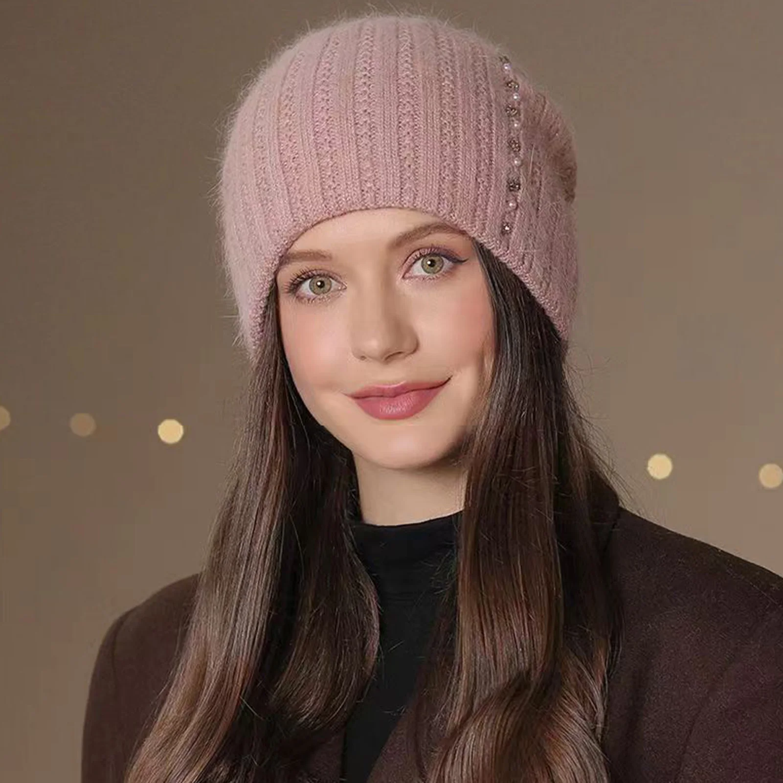 Gorro de ciclismo cálido para invierno, gorro de lana tejido con diamantes de imitación a la moda, gorro sin ala grueso a prueba de viento para exteriores para ciclismo